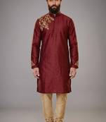 Maroon dupion silk embroidered kurta set