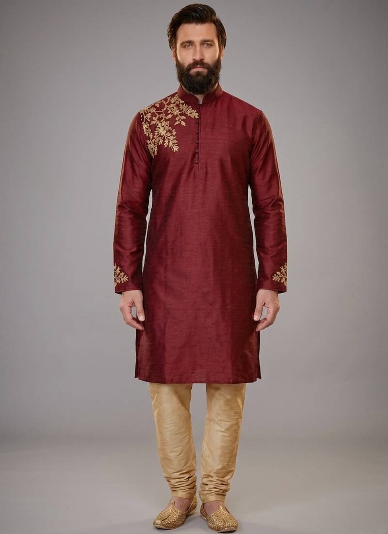 Maroon dupion silk embroidered kurta set
