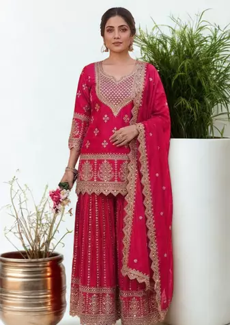 Pink silk sequin embroidery work kurta Sharara and Dupataa 3pc set