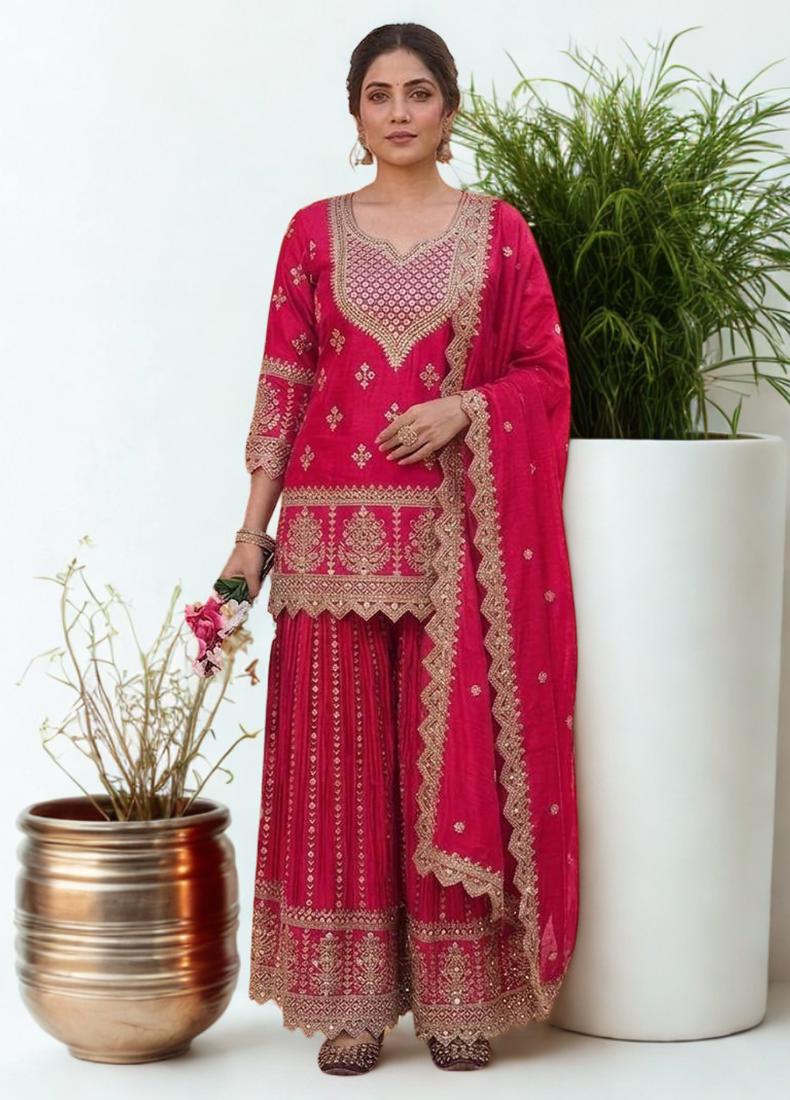 Pink silk sequin embroidery work kurta Sharara and Dupataa 3pc set