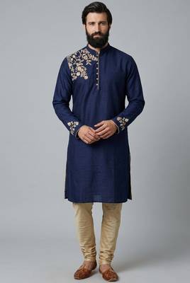 Blue dupion silk embroidered kurta set 1