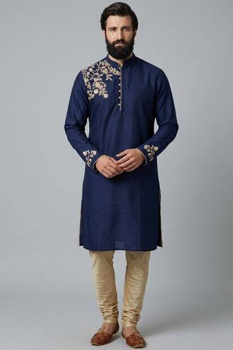 Blue dupion silk embroidered kurta set