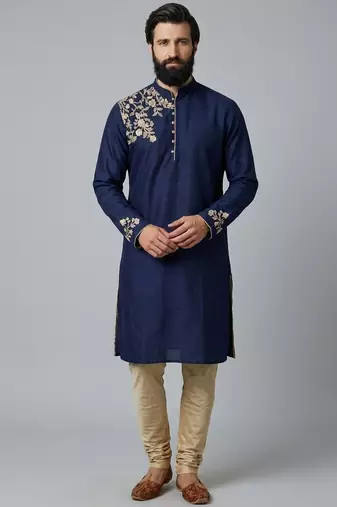 Blue dupion silk embroidered kurta set