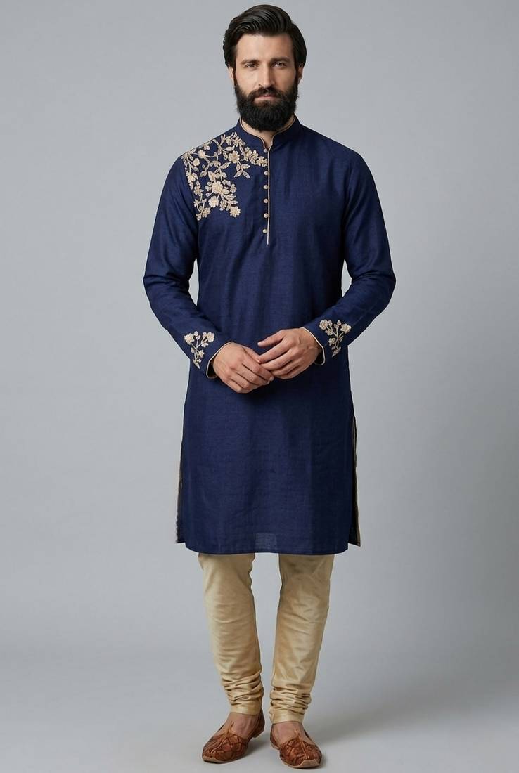 Blue dupion silk embroidered kurta set