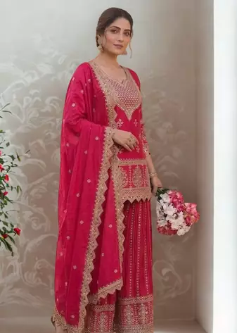 Pink silk sequin embroidery work kurta Sharara and Dupataa 3pc set