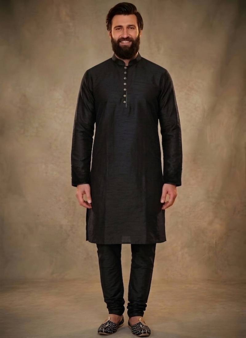 Black dupion silk kurta set