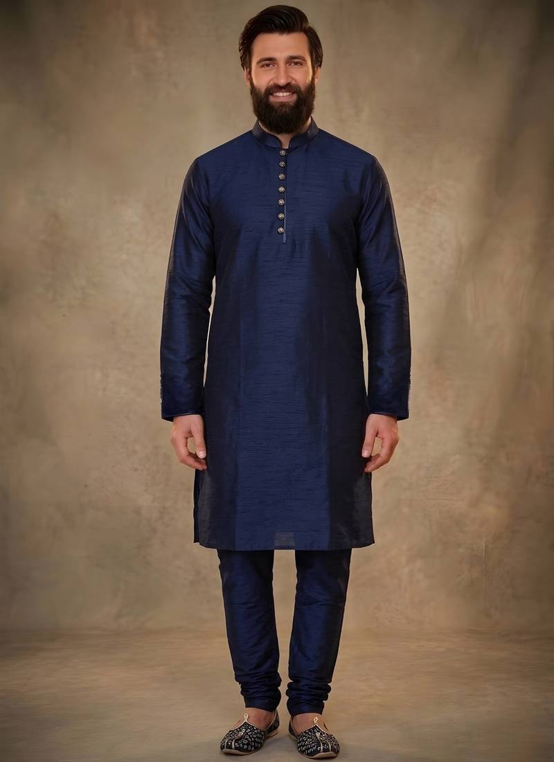 Blue dupion silk kurta set