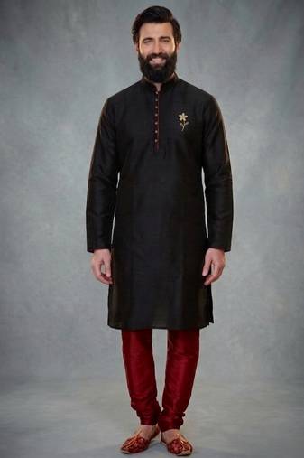 Black dupion silk embroidered kurta set