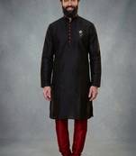 Black dupion silk embroidered kurta set