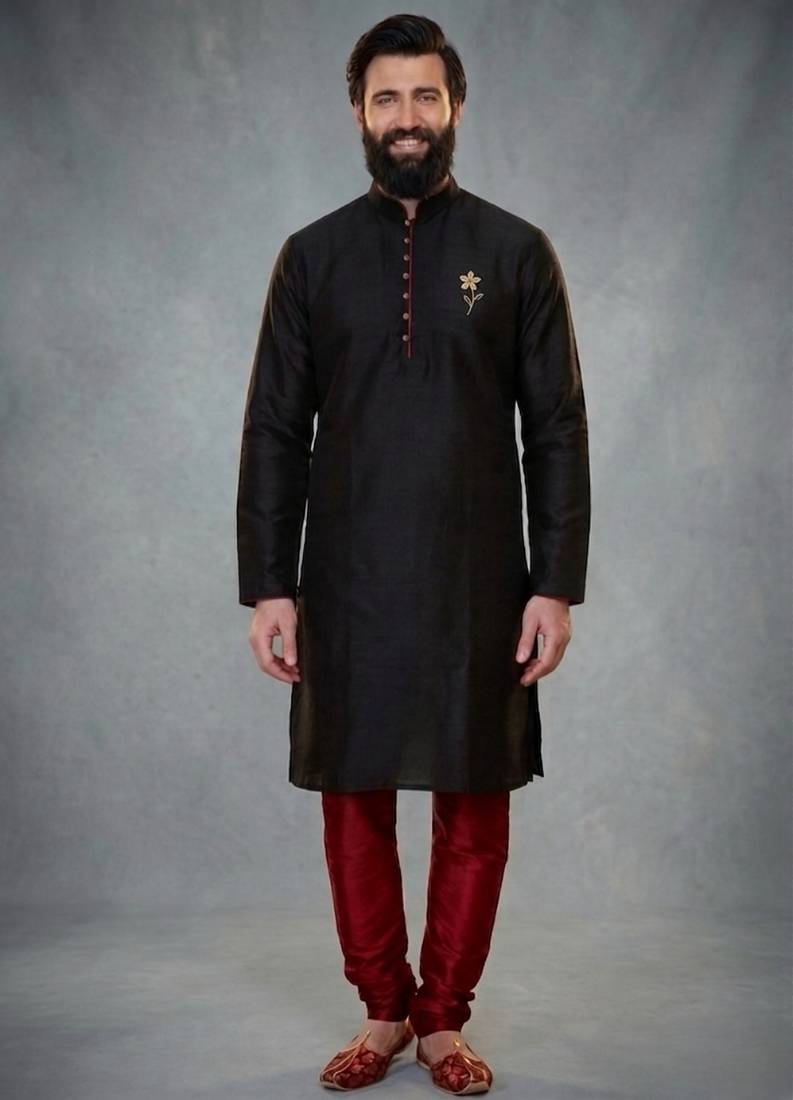 Black dupion silk embroidered kurta set