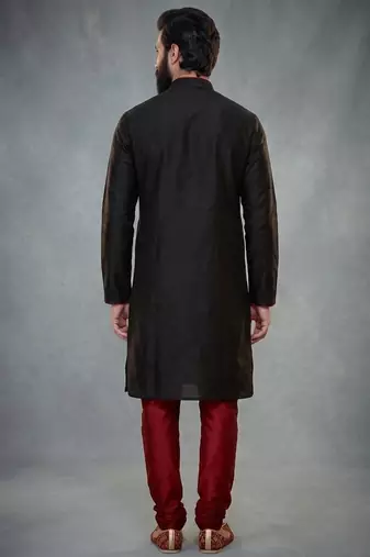 Black dupion silk embroidered kurta set