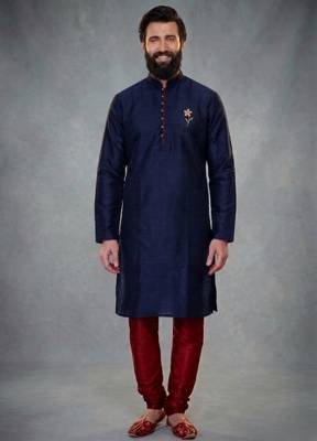 Blue dupion silk embroidered kurta set 1