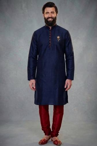 Blue dupion silk embroidered kurta set