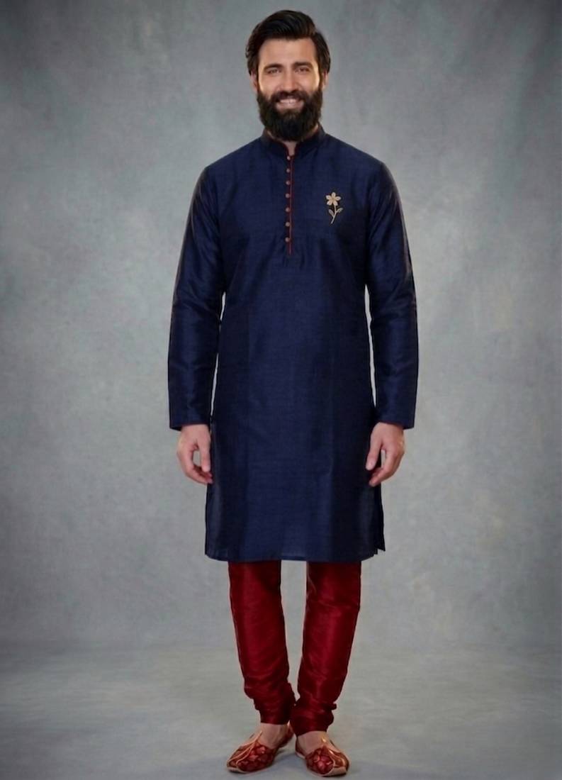 Blue dupion silk embroidered kurta set