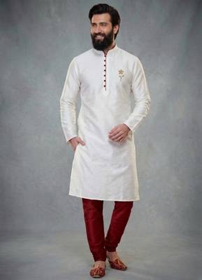 White dupion silk embroidered kurta set 1