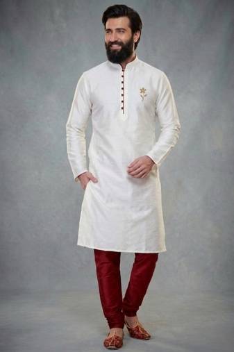 White dupion silk embroidered kurta set