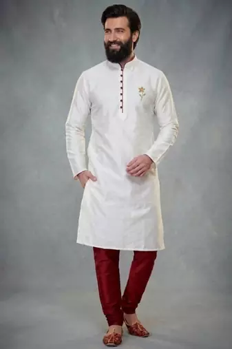 White dupion silk embroidered kurta set