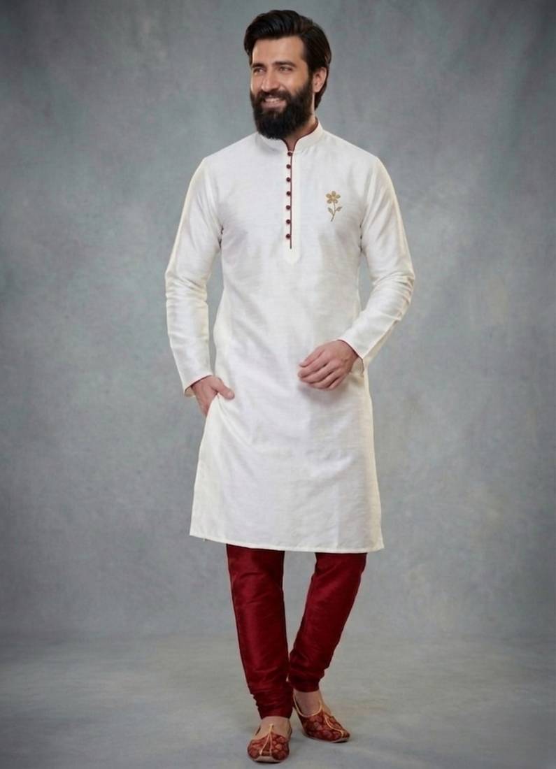 White dupion silk embroidered kurta set