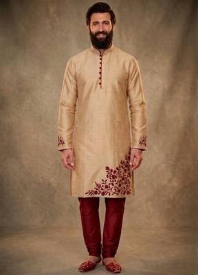 Beige dupion silk embroidered kurta set 1