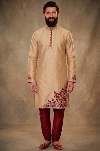 Beige dupion silk embroidered kurta set