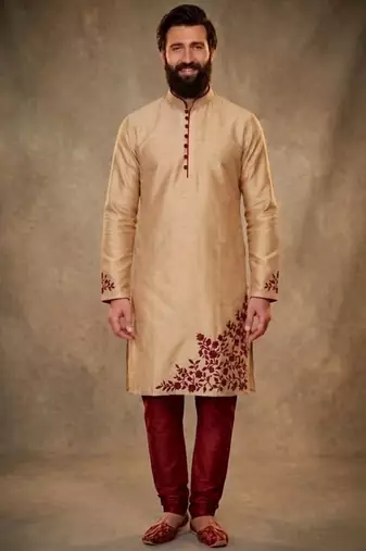 Beige dupion silk embroidered kurta set
