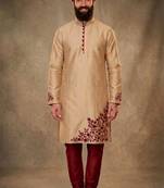 Beige dupion silk embroidered kurta set
