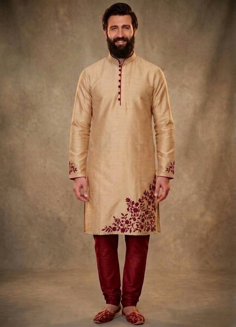 Beige dupion silk embroidered kurta set
