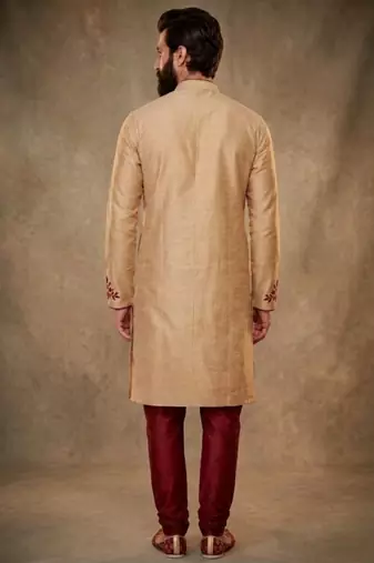 Beige dupion silk embroidered kurta set