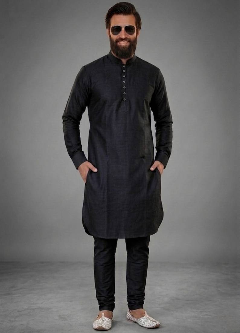 Black dupion silk kurta set