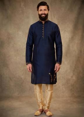 Blue dupion silk embroidered kurta set 1
