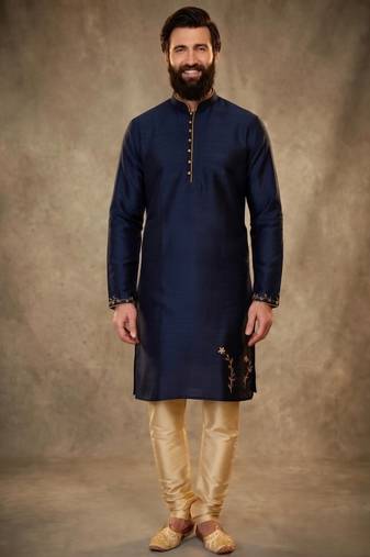 Blue dupion silk embroidered kurta set