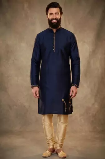 Blue dupion silk embroidered kurta set