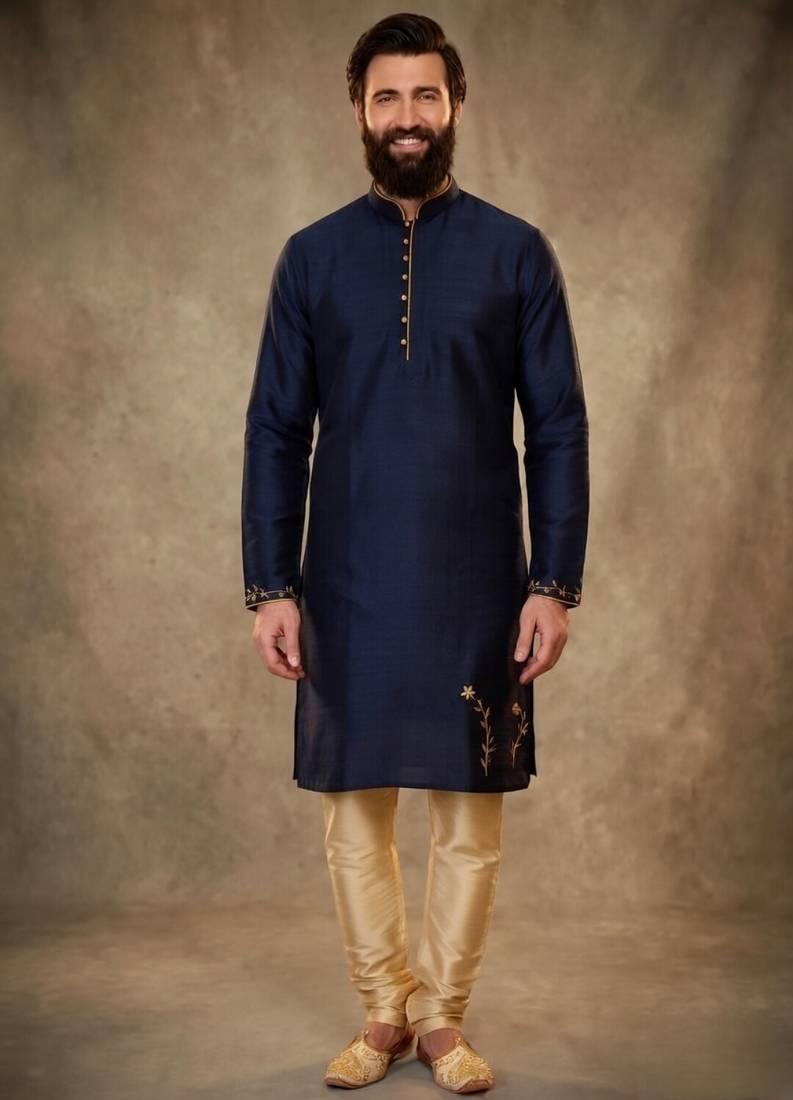 Blue dupion silk embroidered kurta set