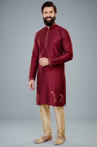 Maroon dupion silk embroidered kurta set