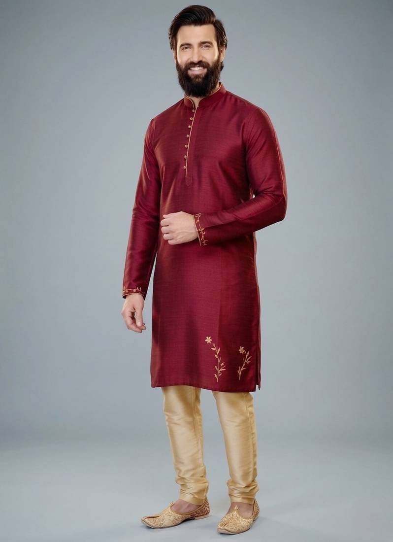 Maroon dupion silk embroidered kurta set