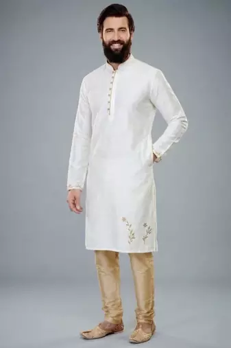 White dupion silk embroidered kurta set