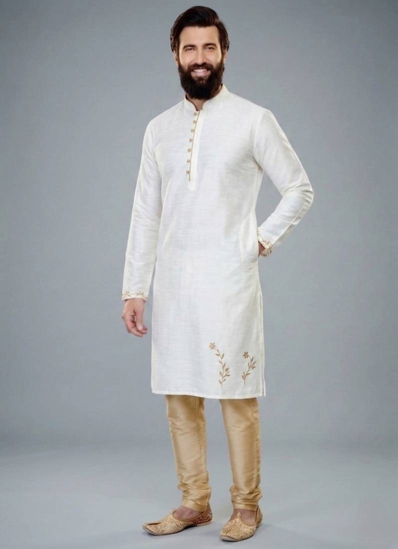 White dupion silk embroidered kurta set