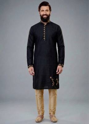 Black dupion silk embroidered kurta set 1