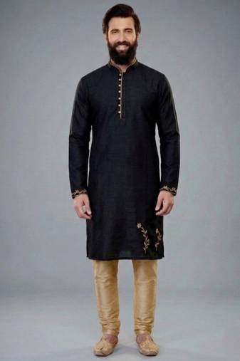 Black dupion silk embroidered kurta set