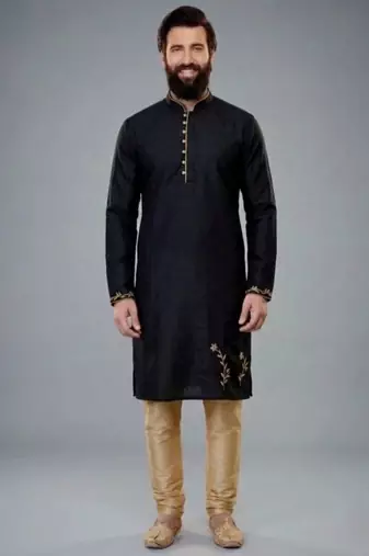Black dupion silk embroidered kurta set