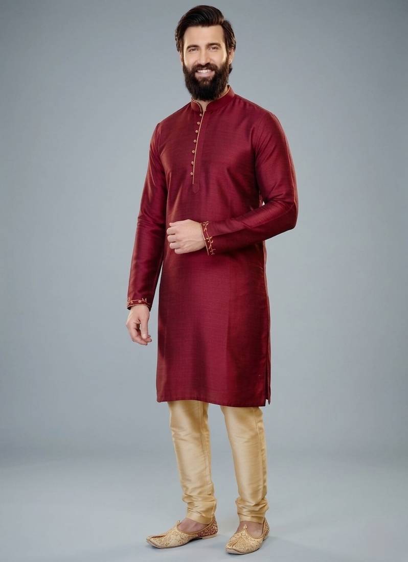 Maroon dupion silk embroidered kurta set