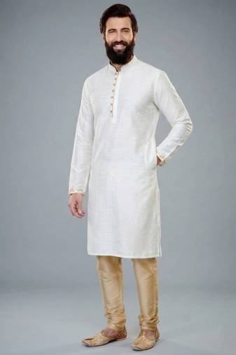 White dupion silk embroidered kurta set
