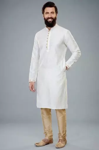 White dupion silk embroidered kurta set
