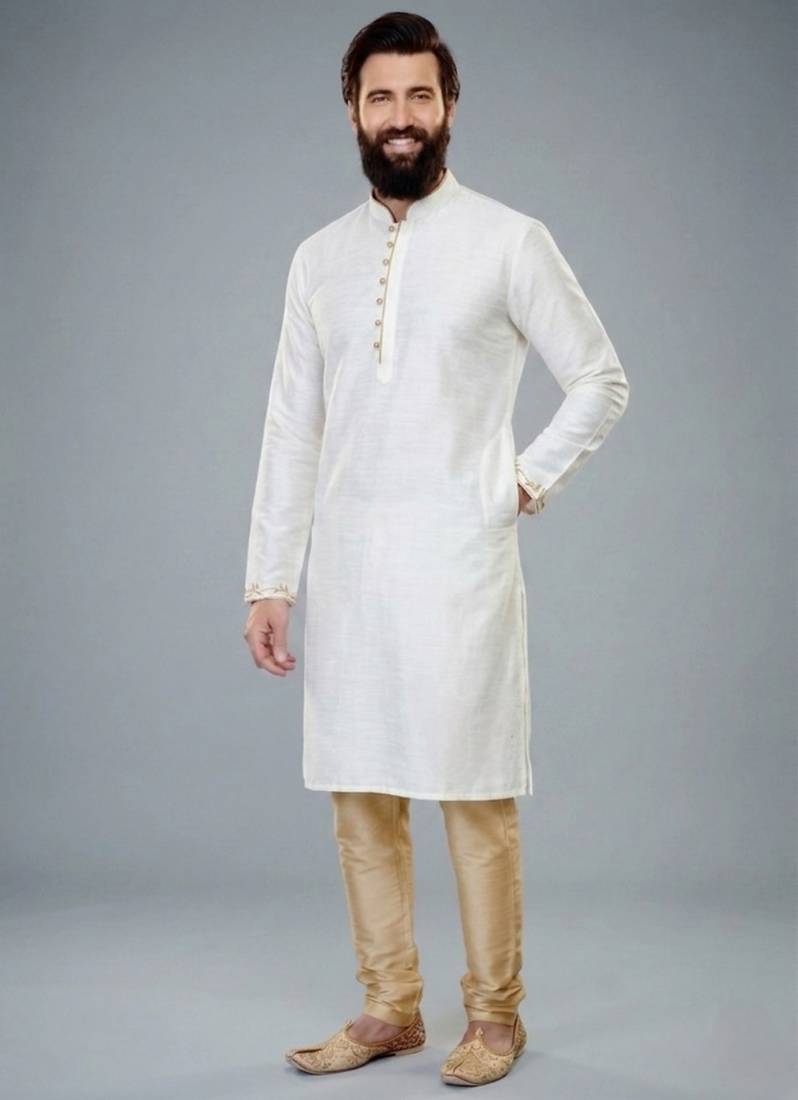White dupion silk embroidered kurta set