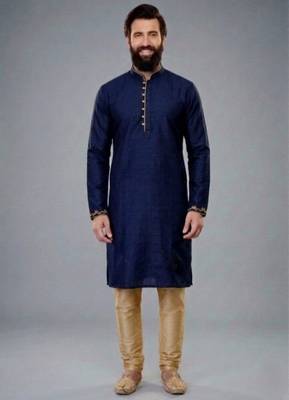 Blue dupion silk embroidered kurta set 1