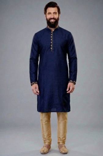 Blue dupion silk embroidered kurta set
