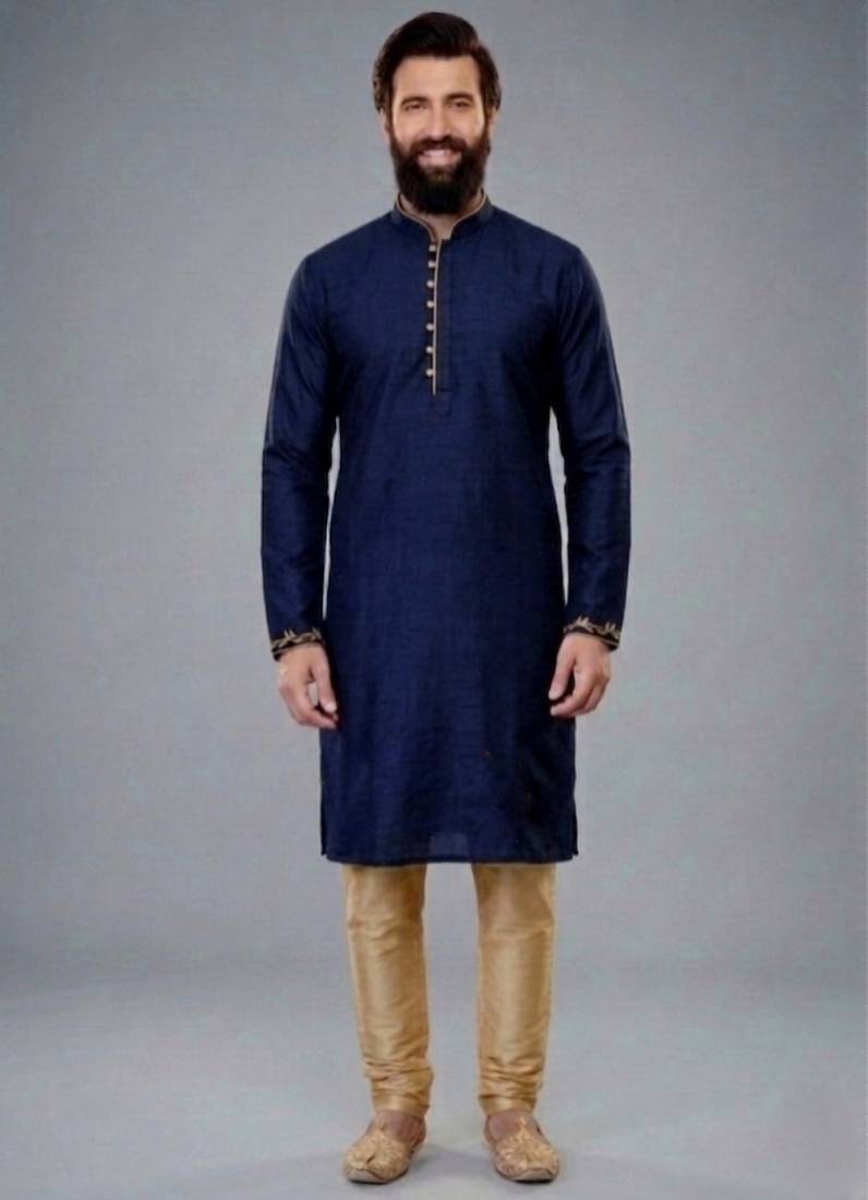 Blue dupion silk embroidered kurta set
