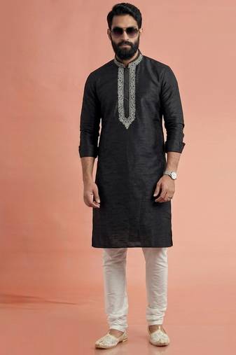 Black dupion silk embroidered kurta set