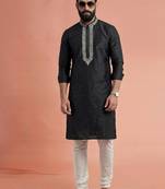 Black dupion silk embroidered kurta set