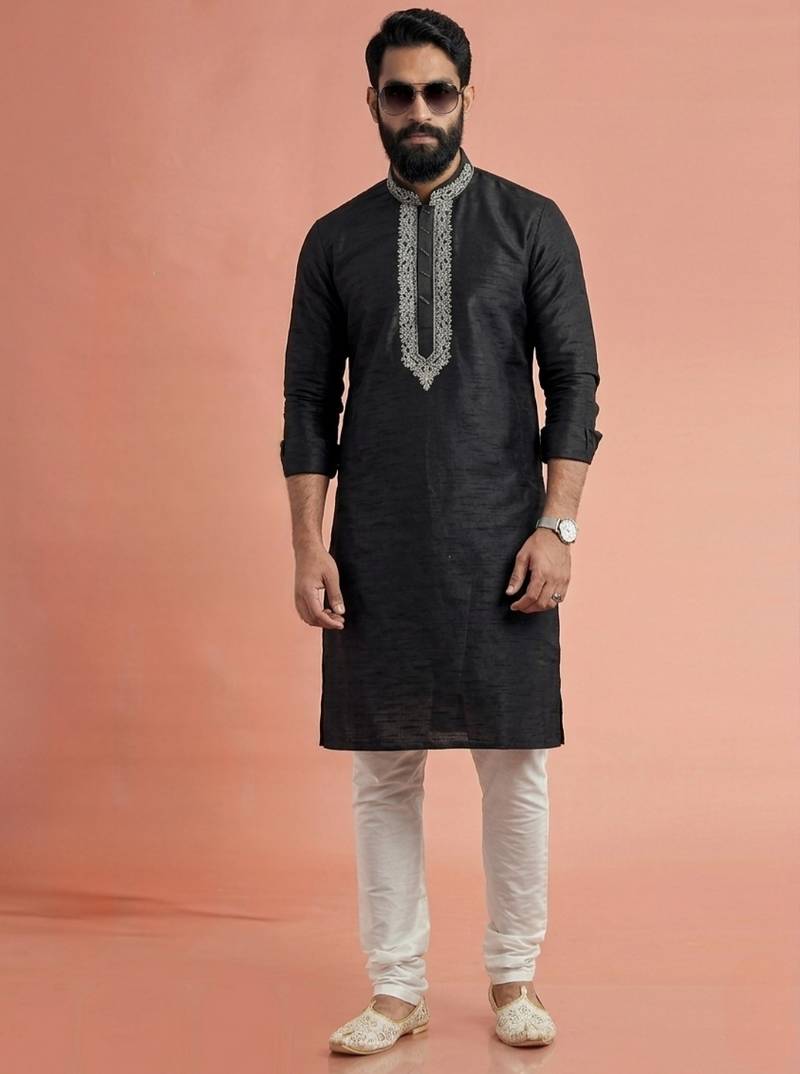 Black dupion silk embroidered kurta set
